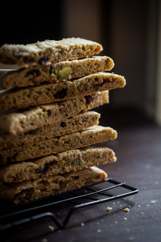 biscotti stacked on a cooling rack