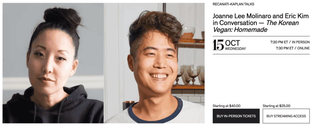 Side-by-side portraits of Joanne Lee Molinaro, with dark hair in a bun and a serious expression, and Eric Kim, smiling with short hair. Event details about their conversation on homemade Korean vegan dishes are shown on the right.