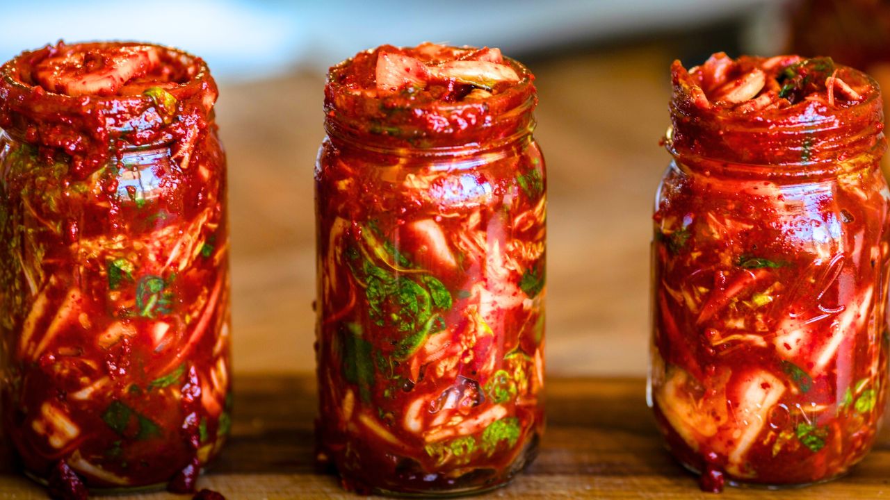 3 jars of vegan kimchi in a row
