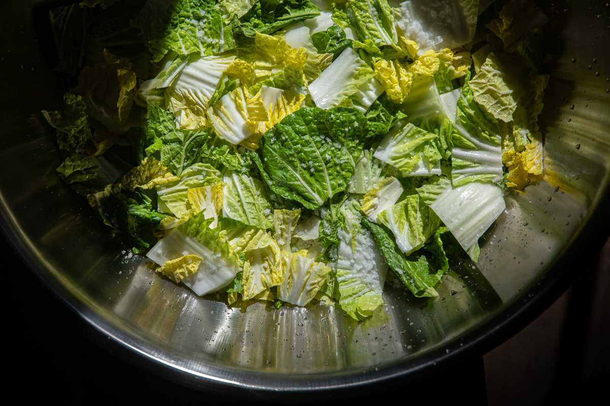 The BEST Vegan Kimchi (김치) Recipe (Easy & Homemade). 6 Chopped napa cabbage leaves in a metal bowl, ready for vegan kimchi, with light highlighting the green and yellow leaves and water droplets visible on the surface.