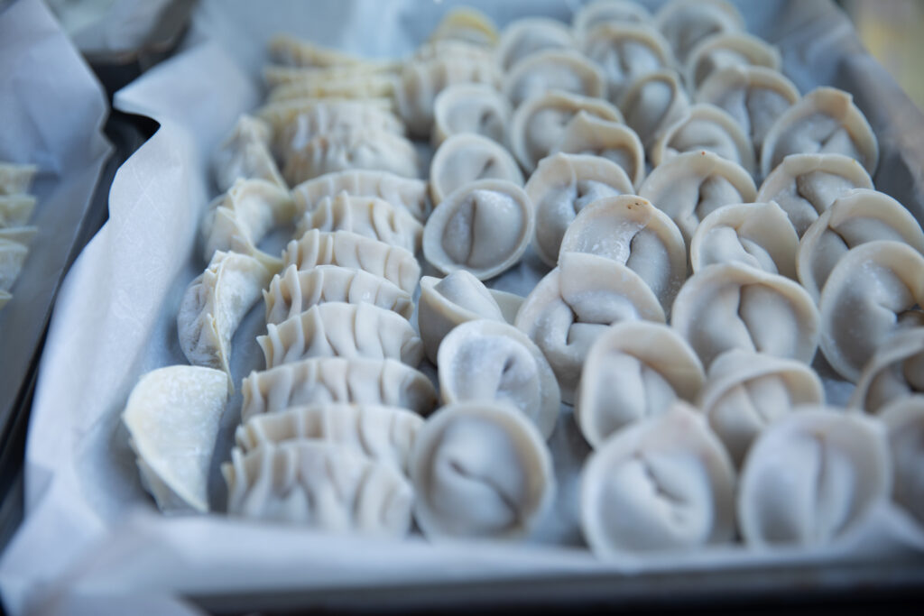 columns of folded uncooked dumplings for vegan dumplings recipe