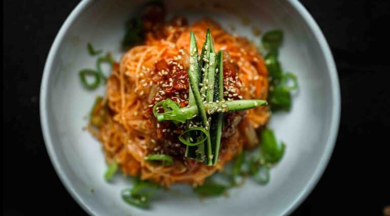 top down shot of kimchi noodles recipe