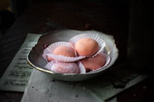 Hero shot of pink mochi in a bowl