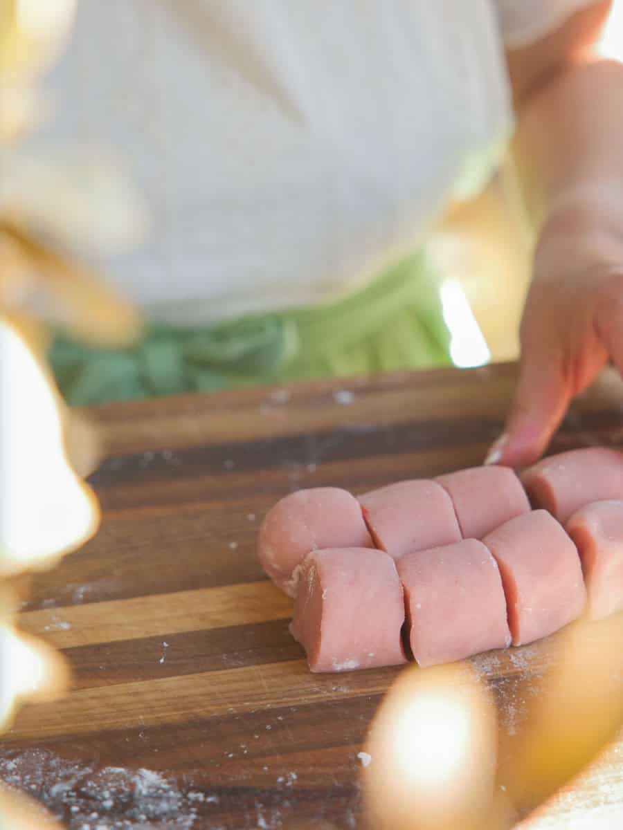 cut-pieces-of-pink-mochi-before-shaping