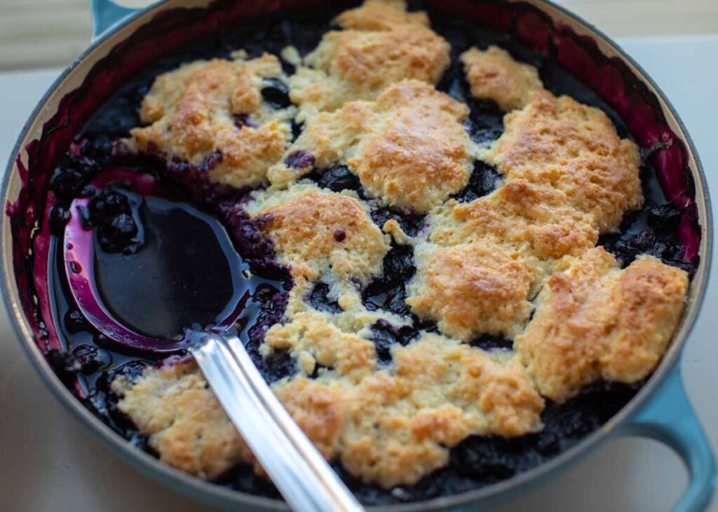 hero image of vegan blueberry cobbler in pan