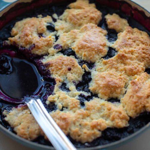 hero image of vegan blueberry cobbler in pan