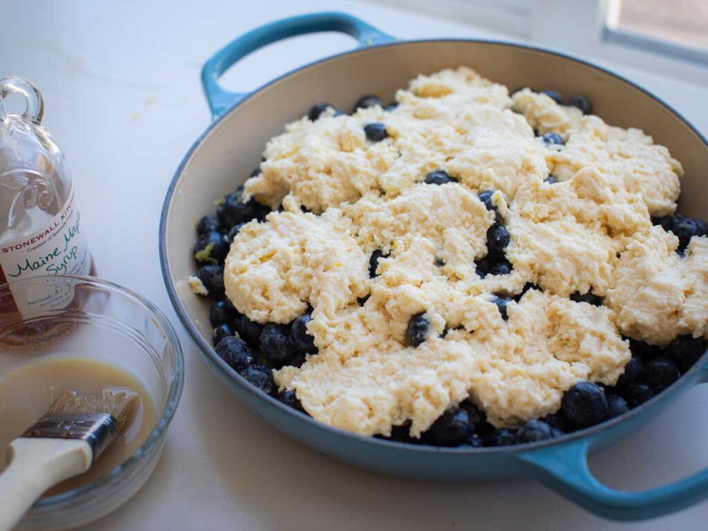 vegan blueberry cobbler right before it goes into the oven