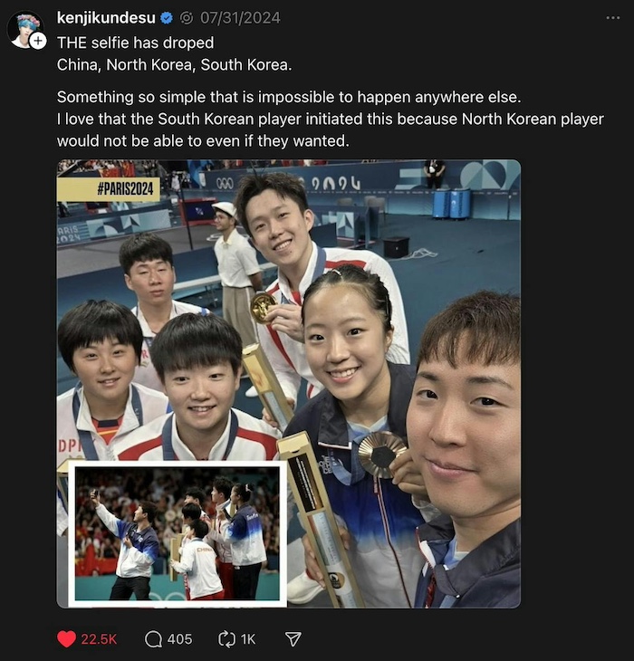 Social Media post on North Korean, South Korean, and Chinese athletes taking a selfie together.