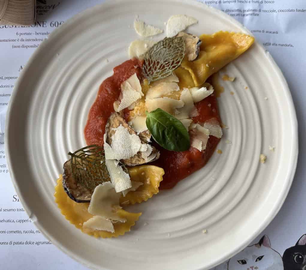 A white plate with ravioli covered in tomato sauce, topped with shaved plant-based parmesan, a basil leaf, and decorative green leaf crisps conjures the flavors of Italy. The plate sits on a printed tablecloth.