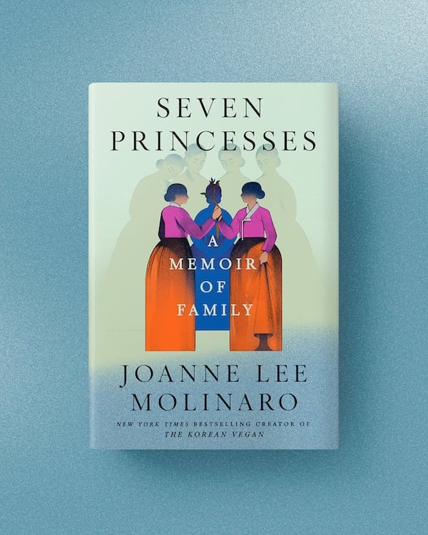 Book cover of Seven Princesses: A Memoir of Family by Joanne Lee Molinaro, featuring an illustration of seven women in red skirts and blue tops standing in a circle on a blue background.