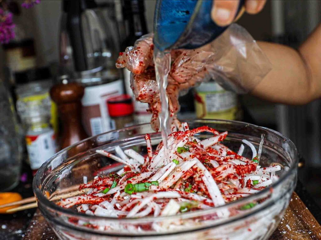 adding brine back to julienned radish