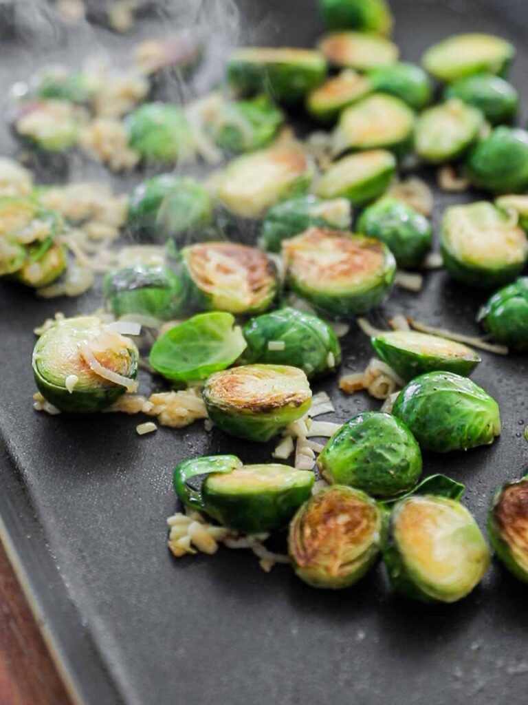 side view of roasted brussels sprouts