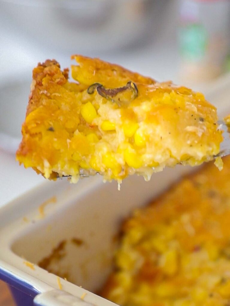 side view of cheesy corn souffle