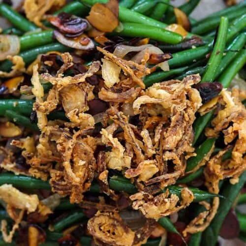 hero image of green beans with french fried shallots