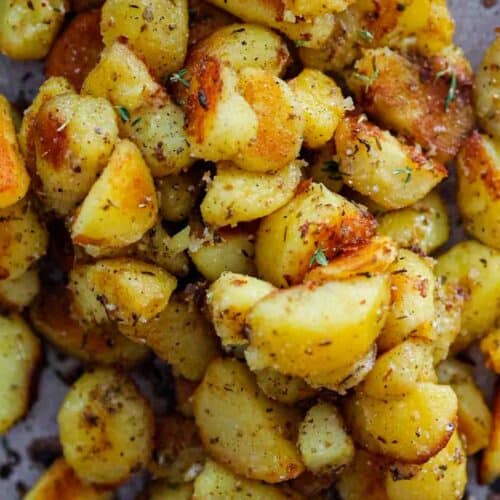 hero image of garlicky roasted potatoes