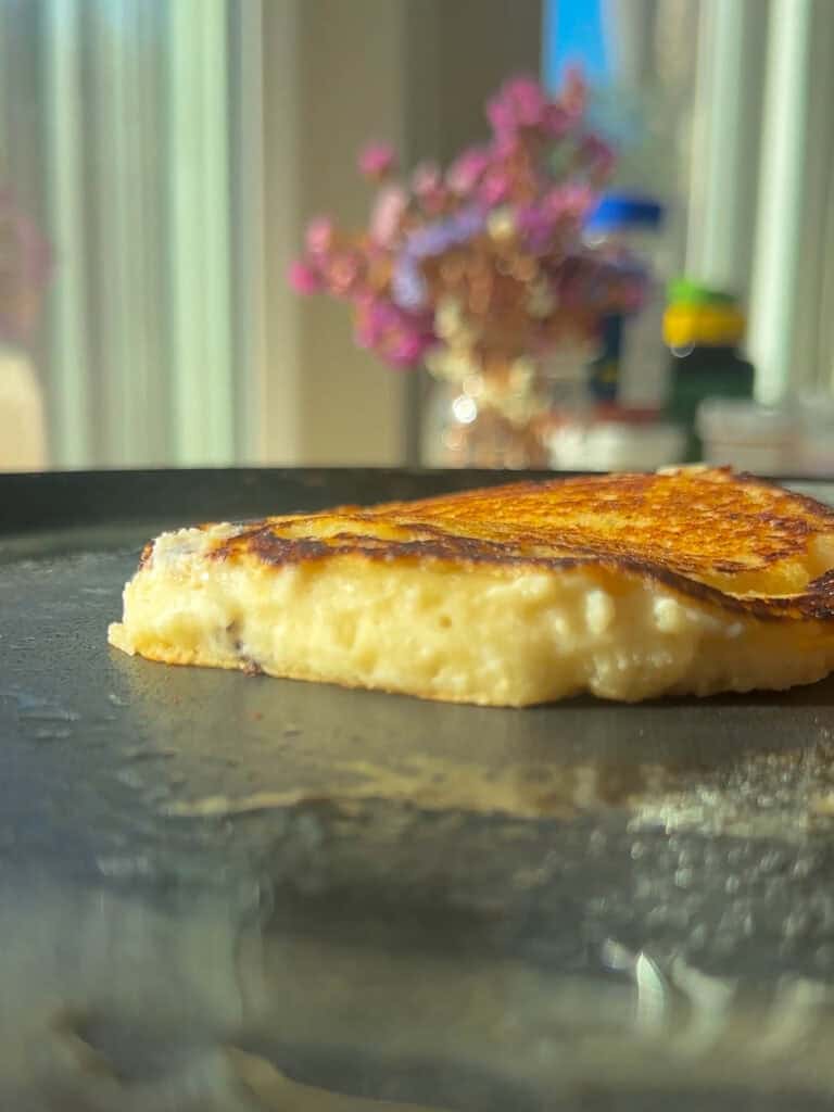 side view of vegan lemon ricotta pancake