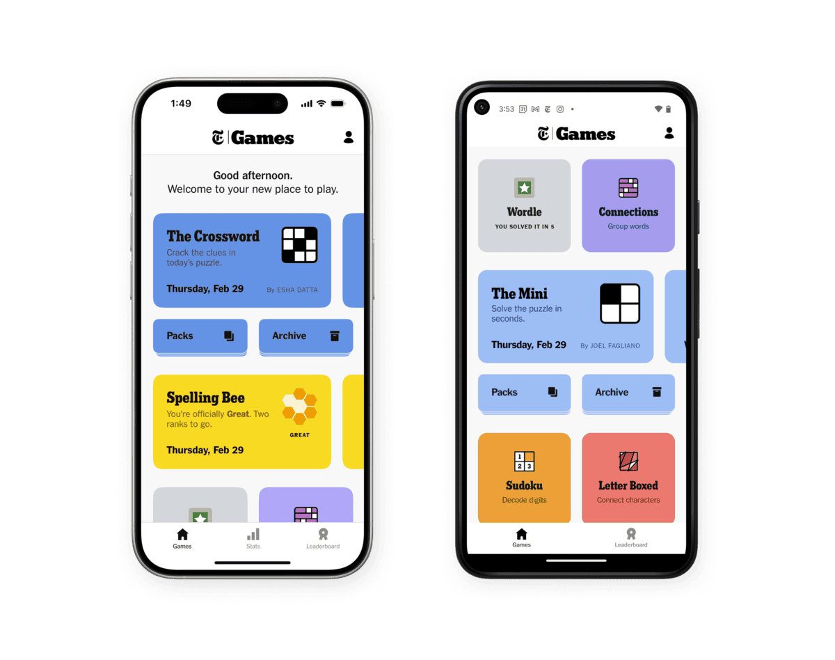 Two smartphones showcase a gaming app featuring puzzle games like The Crossword, Spelling Bee, Wordle, and Sudoku. Each game appears in a colorful square with its name and brief description, making it easy to find the perfect challenge for any holiday gift guide.