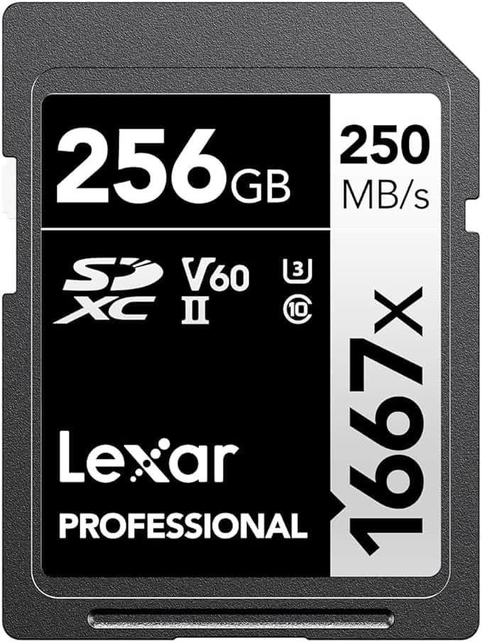 Close-up of a Lexar Professional SDXC memory card. With a 256GB capacity and 250 MB/s speed, it's ideal for high-performance needs. Marked with V60, U3, and Class 10 symbols.