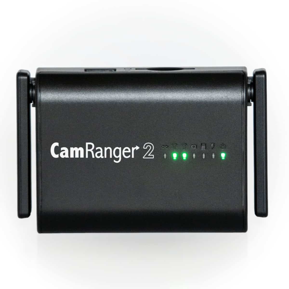 A sleek black CamRanger 2 device with two antennas on either side stands as a tech marvel. The front panel proudly displays its brand name, while green LED indicator lights glow, showcasing connectivity status.