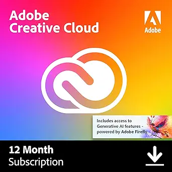 Adobe Creative Cloud 12 Month Subscription image boasting a vibrant gradient background with the Creative Cloud logo. Includes a note on Generative AI features powered by Adobe Firefly. Perfect addition to your 2024 Holiday Gift Guide, with a download icon at the bottom.