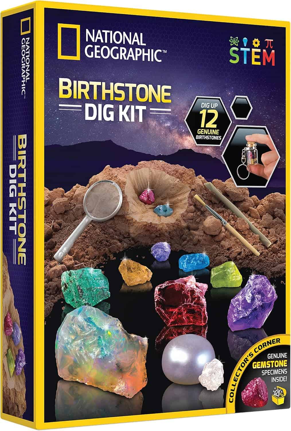 The image features a National Geographic Birthstone Dig Kit box. It includes colorful gemstone samples, a magnifying glass, and digging tools. Ideal for STEM learning, it promises 12 genuine gemstones to discover.