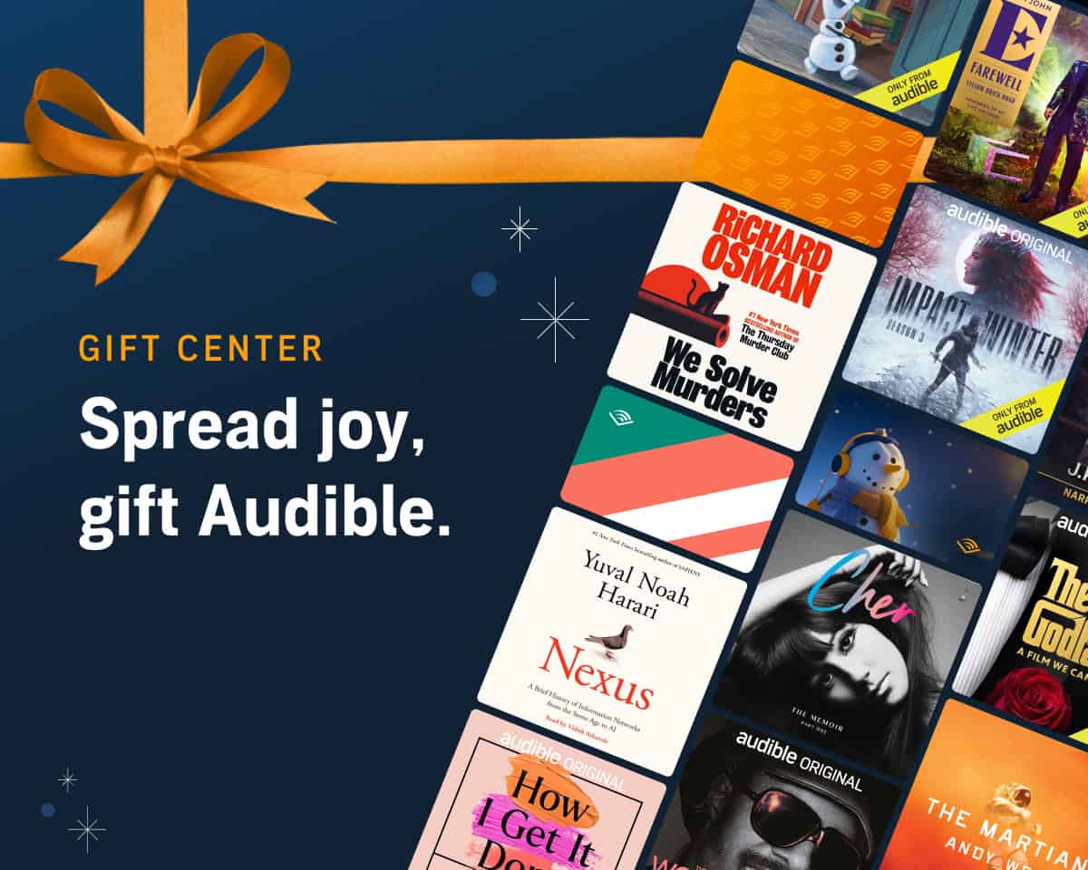 A festive Audible gift card advertisement with a vibrant orange ribbon and various audiobook covers. Text reads, "Gift Center: Spread joy, gift Audible." Perfect for a 2024 holiday gift, including favorites like "Korean Vegan.