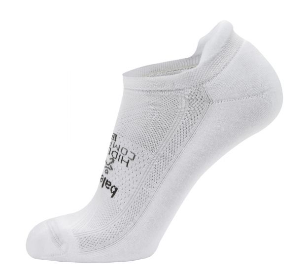 A white ankle sock with a gray logo and text on the side, featuring a mesh-like texture and elastic opening.