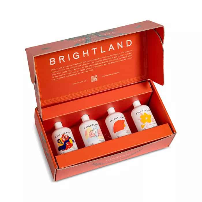 A brightly colored box labeled Brightland contains four bottles with various illustrated designs. Perfect for the Holiday Gift GUIDE 2024, the open box beautifully displays the bottles in a neat row against a white background, making it an ideal choice for the Korean Vegan enthusiasts in your life.