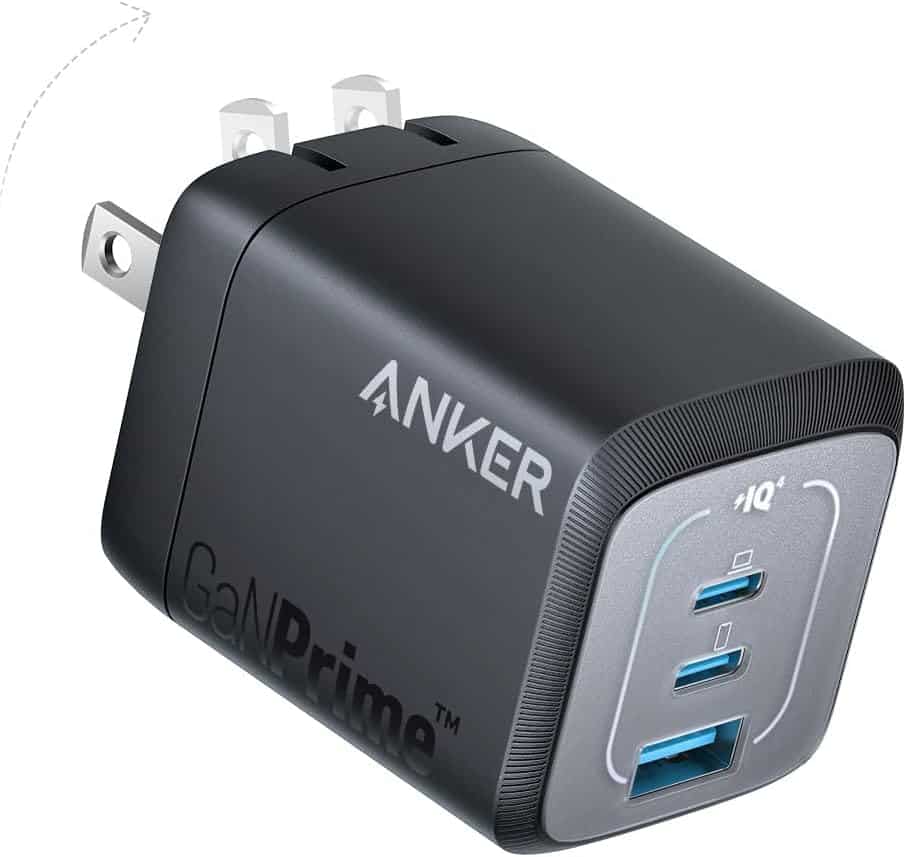 Considered a perfect 2024 holiday gift, this Anker GaNPrime charger features two USB ports and a folding plug for compact efficiency. The sleek black design with a silver front panel proudly displays the Anker logo. Ideal for Korean Vegan gatherings, ensuring devices are always charged.