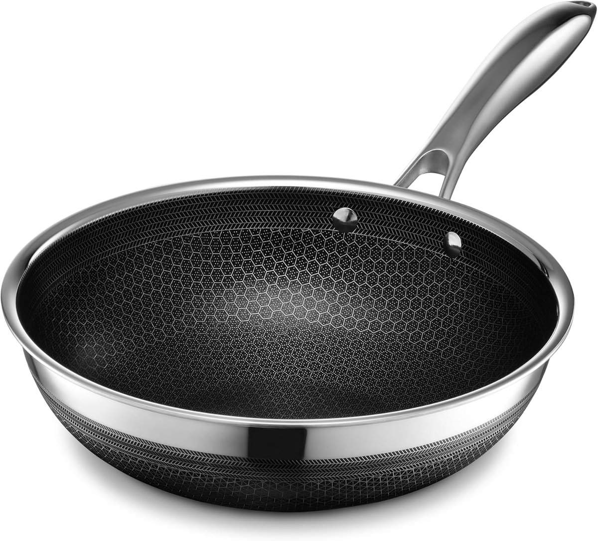 A stainless steel frying pan with a smooth handle and a honeycomb-patterned non-stick interior surface. The pan is empty and shown against a white background.