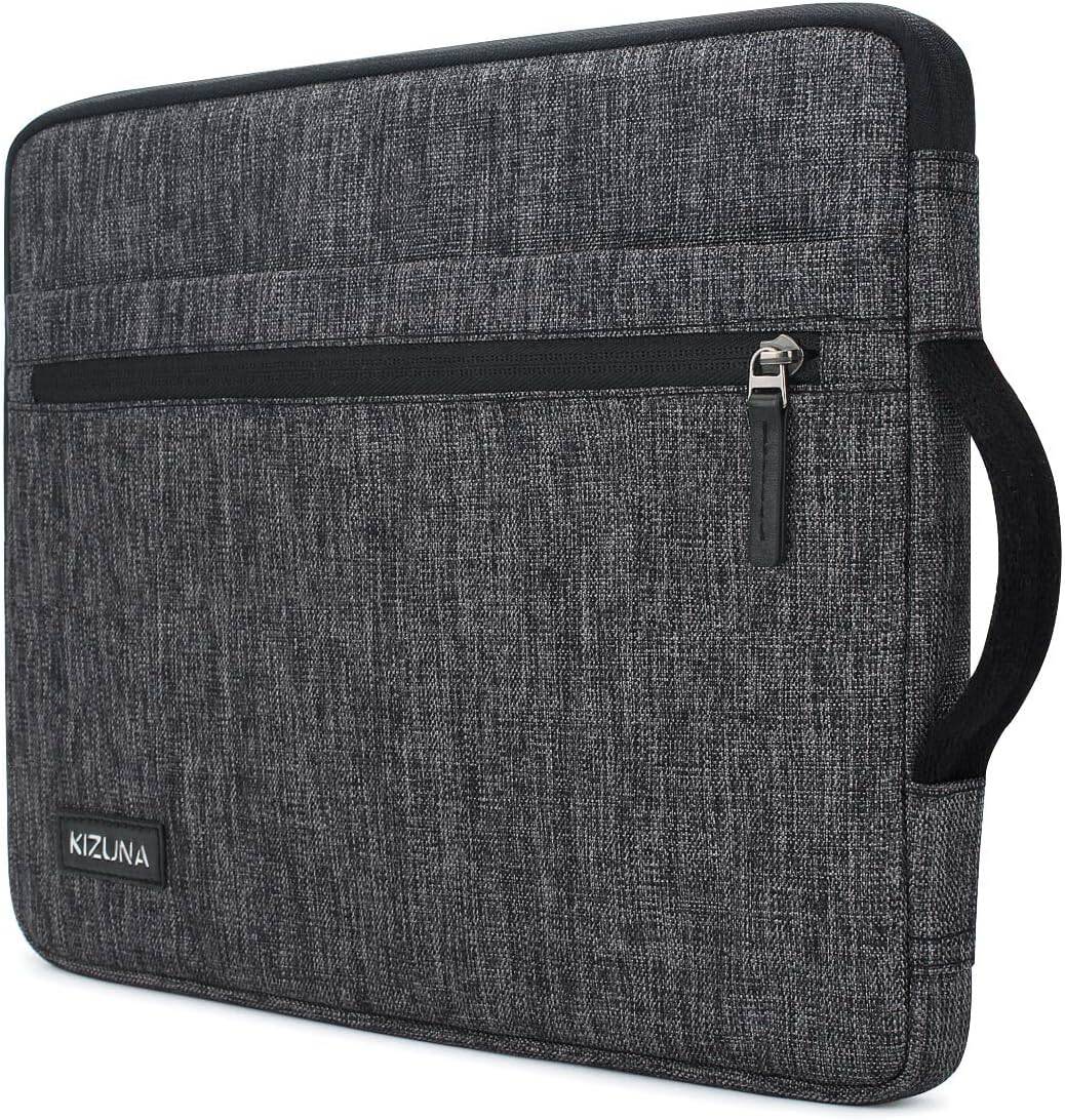 A dark gray, textured laptop sleeve featuring a zippered front pocket and a black strap on the side. The brand name KIZUNA is prominently displayed in the bottom corner.