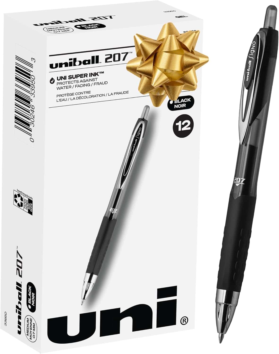 A box of Uni-ball 207 black gel pens, perfect for your 2024 Holiday Gift Guide, features one pen leaning against it. The stylish white box with black text and a pen image is topped with a gold bow, signaling it as an ideal gift choice.