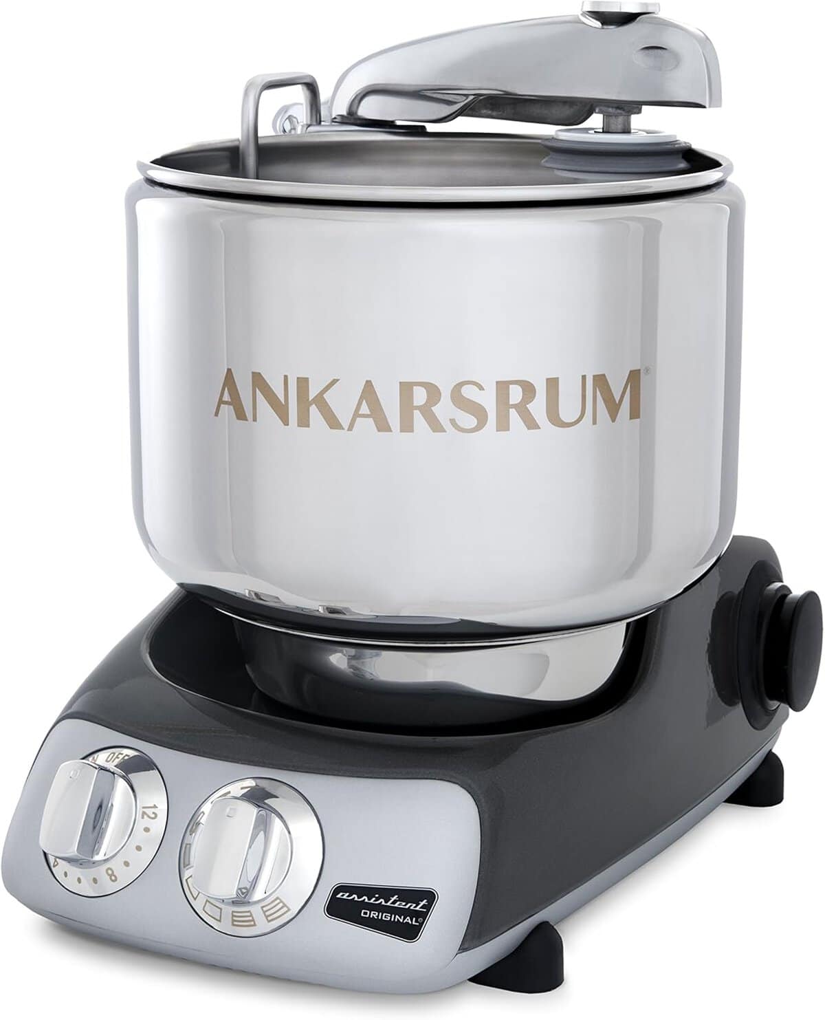 A silver and black Ankarsrum stand mixer, boasts a large metal bowl and intuitive control knobs on the base.