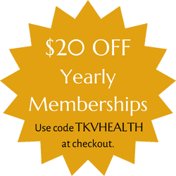 A golden starburst shape features text offering $20 OFF Yearly Memberships. Use code TKVHEALTH at checkout to save on your meal planner journey.