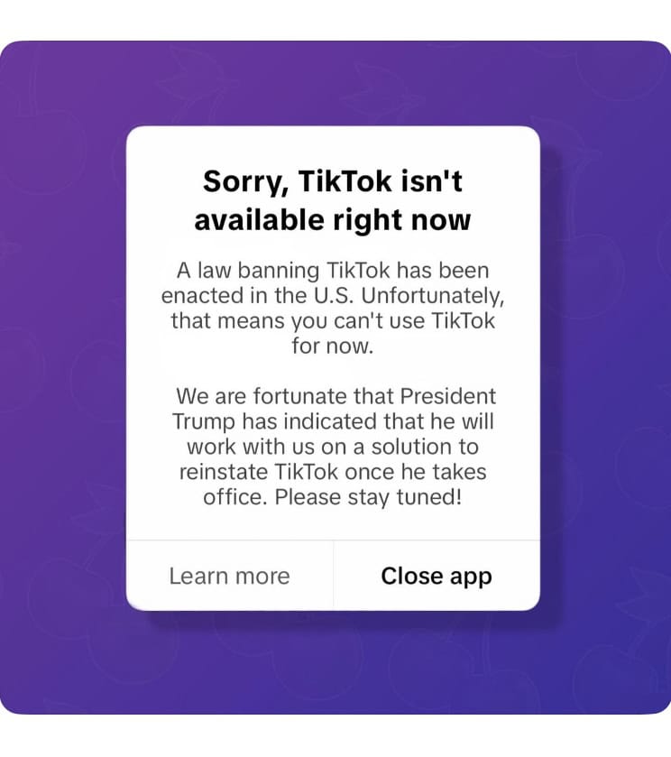 A screenshot shows a message stating TikTok isnt available due to U.S. laws, with a note that President Trump plans to address the matter. Options to learn more or close the app are provided against a purple background with a subtle design.