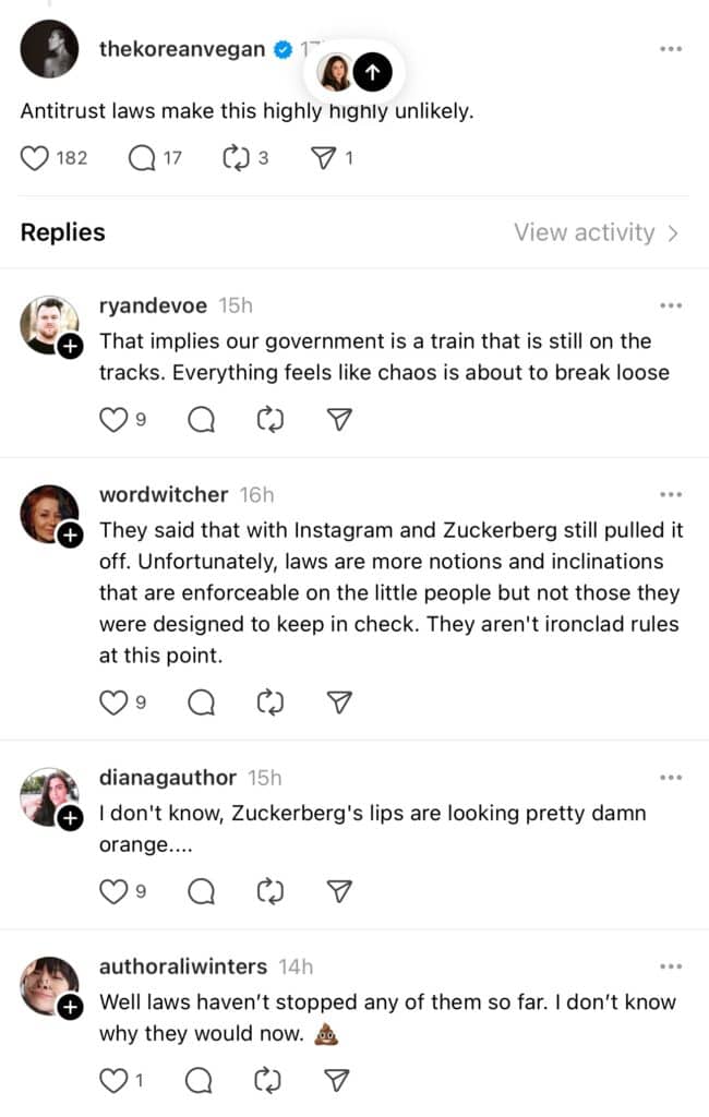 Screenshot of a social media post by thekoreanvegan discussing the important antitrust laws. Comments mention government instability, Instagram, Zuckerberg, and personal observations. Emojis are included, such as a train and poop emoji.