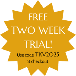 A gold starburst announces, FREE TWO WEEK TRIAL! Use code TKV2025 at checkout. 