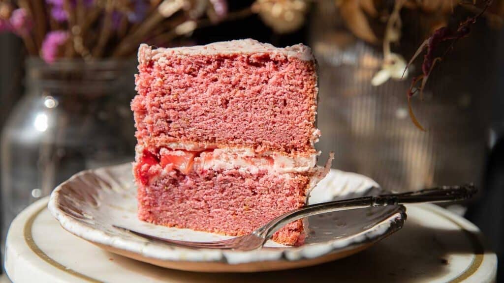 Slice of pink vegan strawberry cake with jam filling on a decorative white plate, placed on a table with a vintage fork. Warm light highlights the cakes texture. Dried flowers in vases are blurred in the background, adding a rustic ambiance.