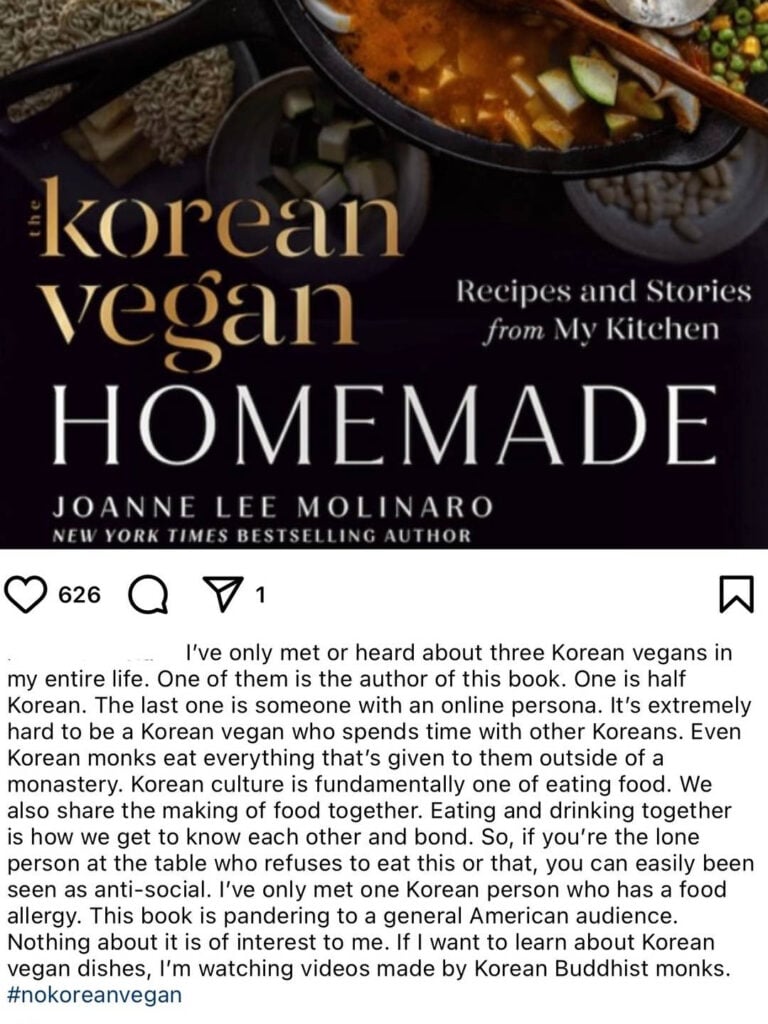 Toxic Jealousy. 2 The cover of The Korean Vegan Cookbook by Joanne Lee Molinaro, paired with an Instagram caption reflecting on Korean vegan culture and how overcoming toxic jealousy can shape personal growth and perspectives.
