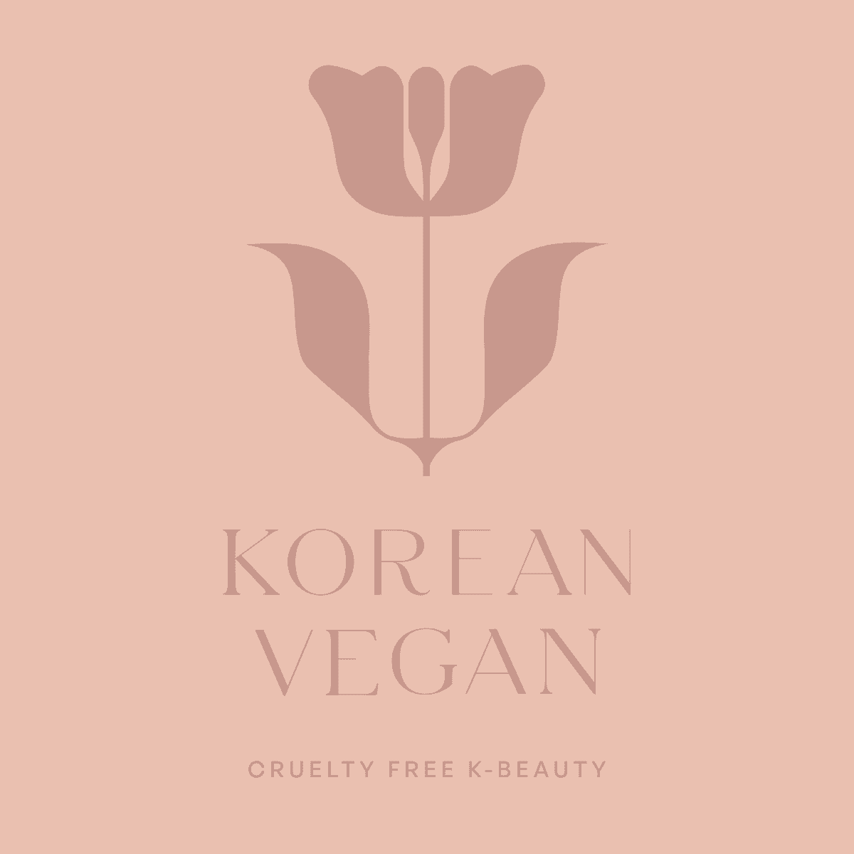 Minimalist pink graphic of a stylized tulip above the text KOREAN VEGAN with the tagline CRUELTY FREE K-BEAUTY on a pale pink background.