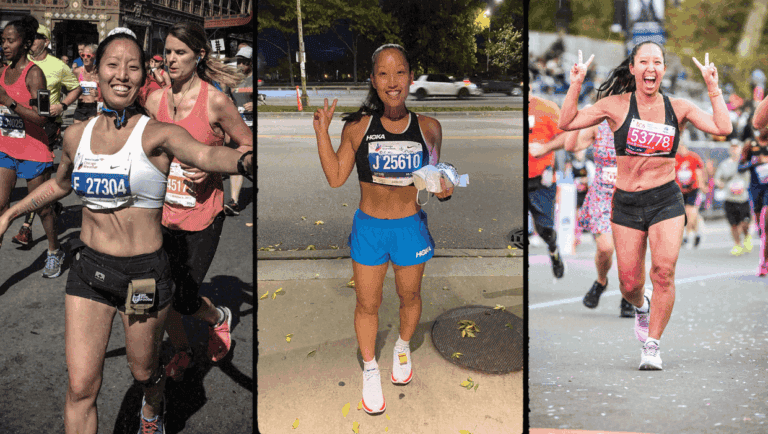 Joanne smiles and makes peace signs while running in three different races, wearing various running outfits and race bibs, surrounded by other runners and outdoor race settings.