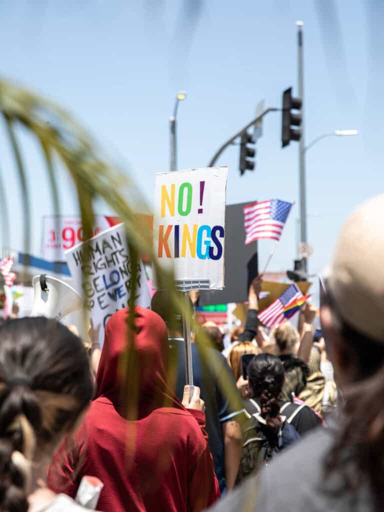 A crowd of protesters with strong political opinions holds signs and American flags. One central sign reads “NO! KINGS” in bold, colorful letters. People face away from the camera, and a palm frond partially covers the view. Traffic lights are visible above.