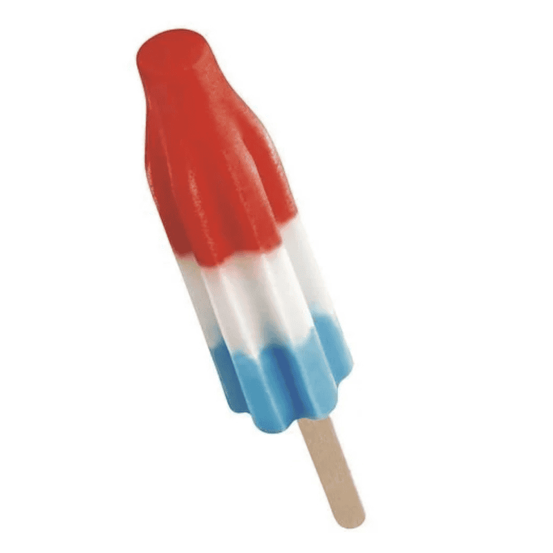 A red, white, and blue rocket-shaped popsicle on a wooden stick, just like the ones you’d get from the ice cream truck, photographed against a plain white background.