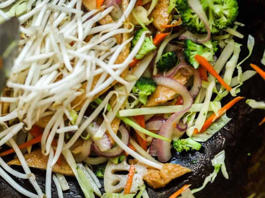 A close-up of a colorful stir-fry with bean sprouts, broccoli, sliced red onion, carrot, cabbage, and tofu in a dark pan.