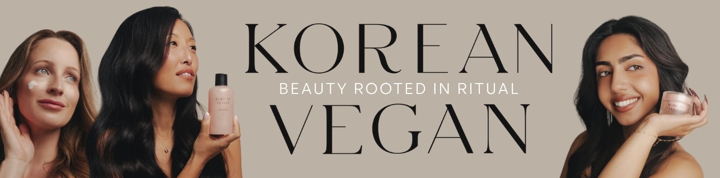 Three women with different skin tones use skincare products against a beige background. Large text reads Korean Vegan with Beauty Rooted in Ritual in smaller text underneath.