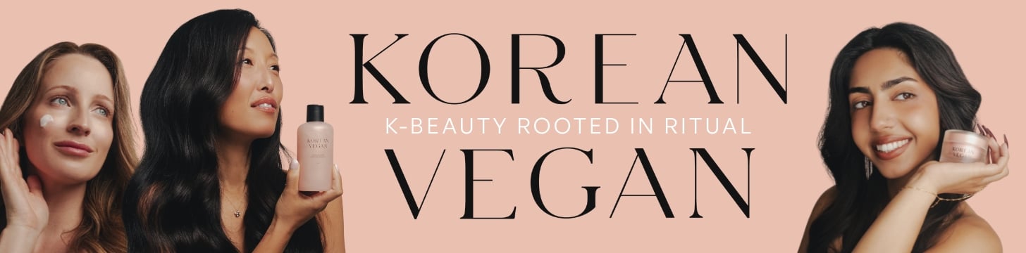 Three women with glowing skin hold and apply skincare products against a peach background, with large text reading Korean Vegan and smaller text, K-beauty rooted in ritual.