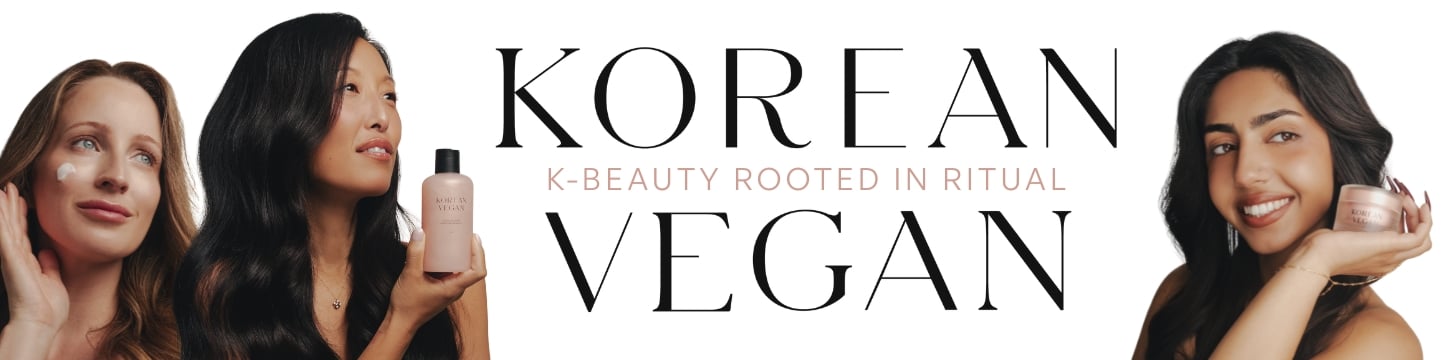 Three women with glowing skin display skincare products. Large text reads “Korean Vegan,” with “K-beauty rooted in ritual” underneath. The background is white, highlighting the women and products.