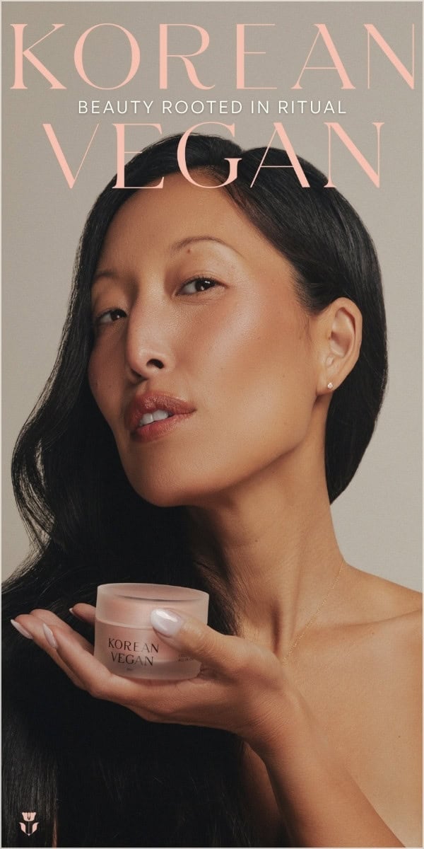 A woman with smooth, glowing skin poses with a small jar labeled Korean Vegan against a neutral background. The text above reads Korean Vegan: Beauty Rooted in Ritual.