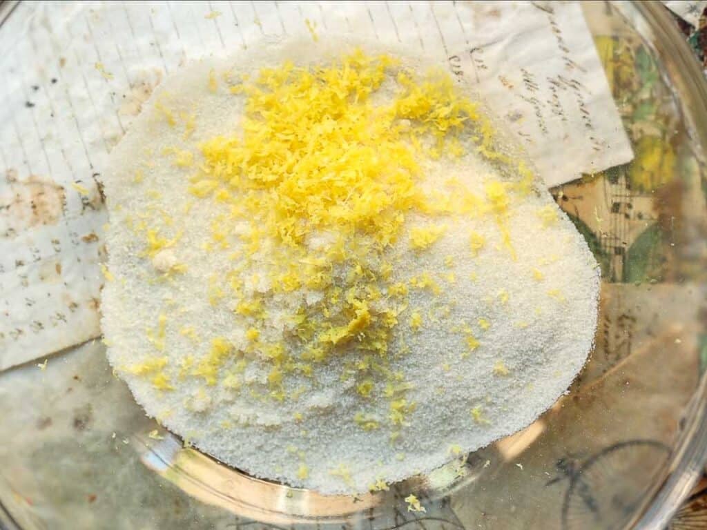lemon zest and sugar in a bowl.