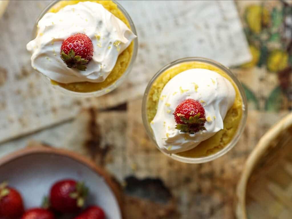 Delicious & Lemony Vegan Strawberry Shortcake Trifle. 18 top down view of vegan strawberry shortcake trifle.